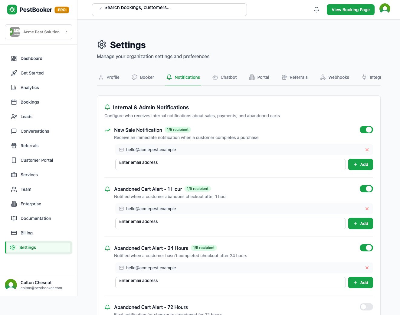 Settings → Notifications listing recipient emails for new-sale and abandoned-cart alerts