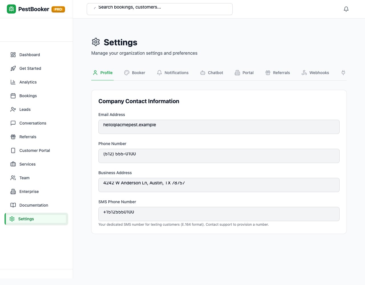 Settings → Profile showing the SMS Phone Number field in E.164 format
